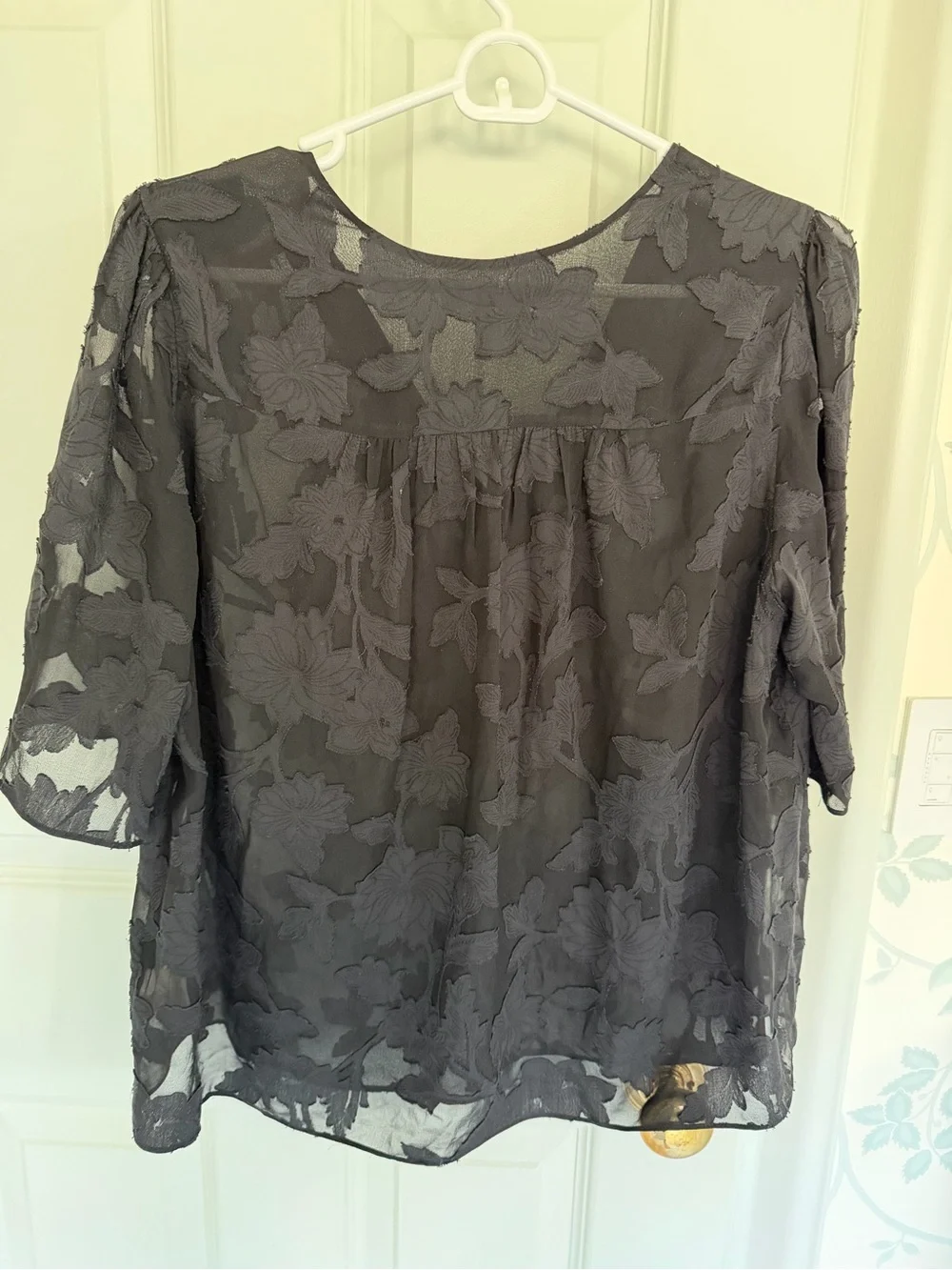 Rebecca Taylor Textured Floral V-Neck Sheer Blouse in Black - y